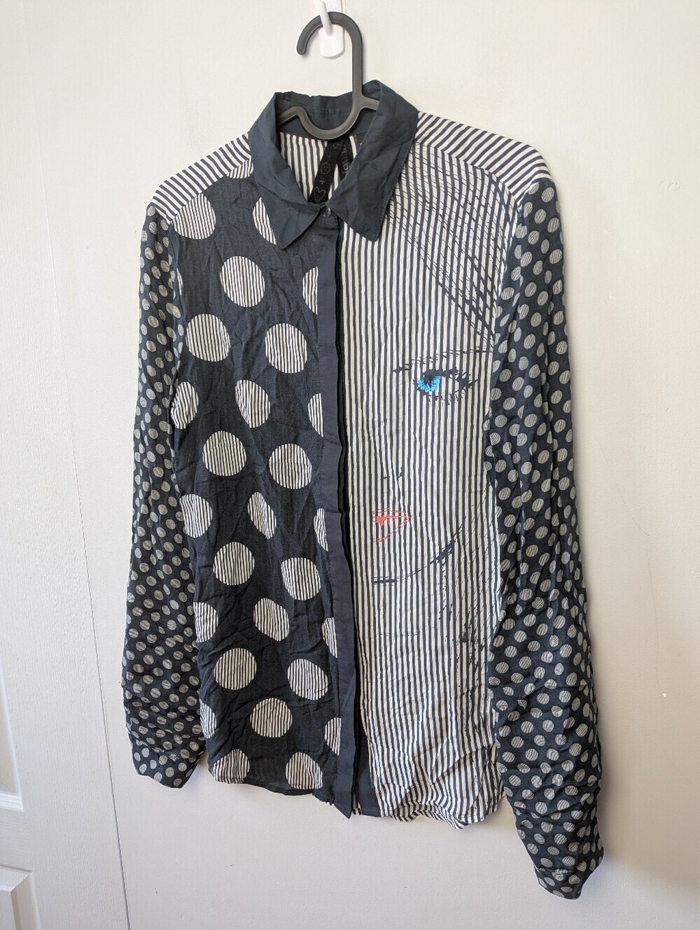 DESIGUAL Blouse Women Size Large Polka Dot Stripes See Through Black White